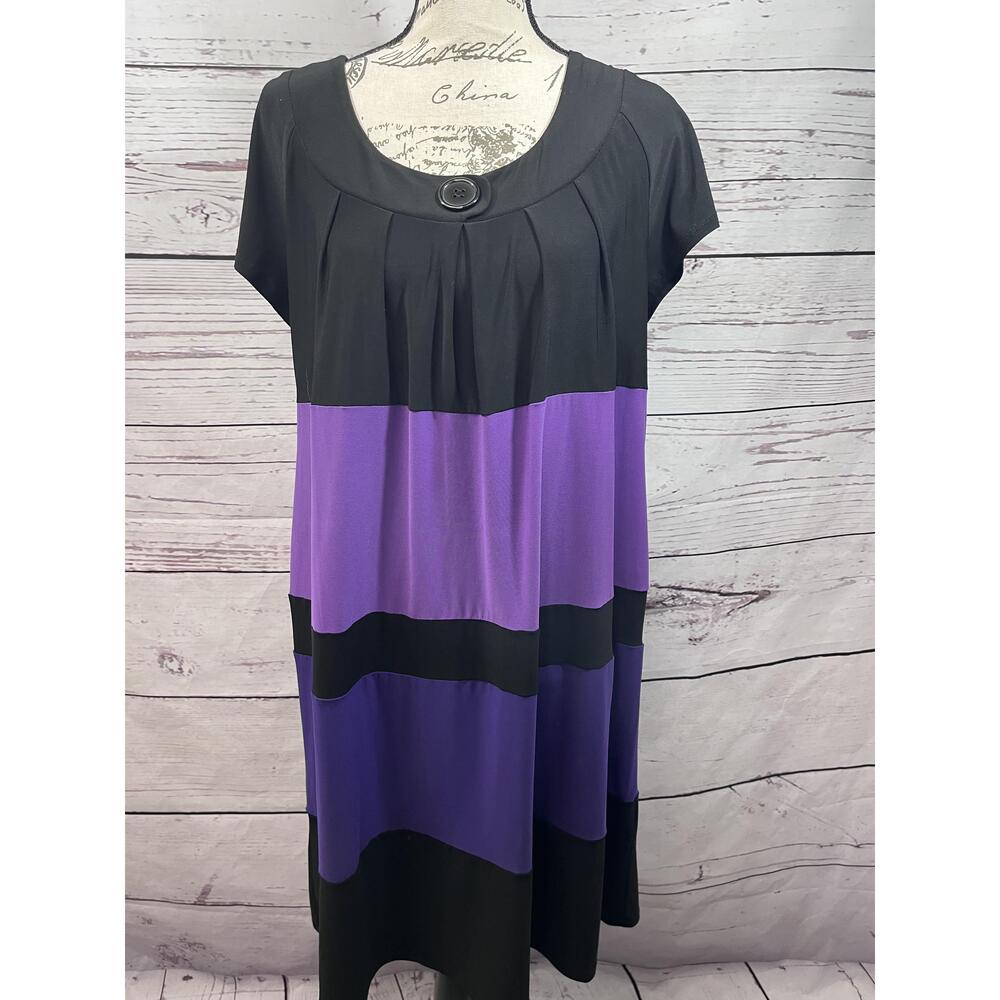 Tiana B Pullover‎ Black Purple Striped Short Sleeves Dress A-Line Large